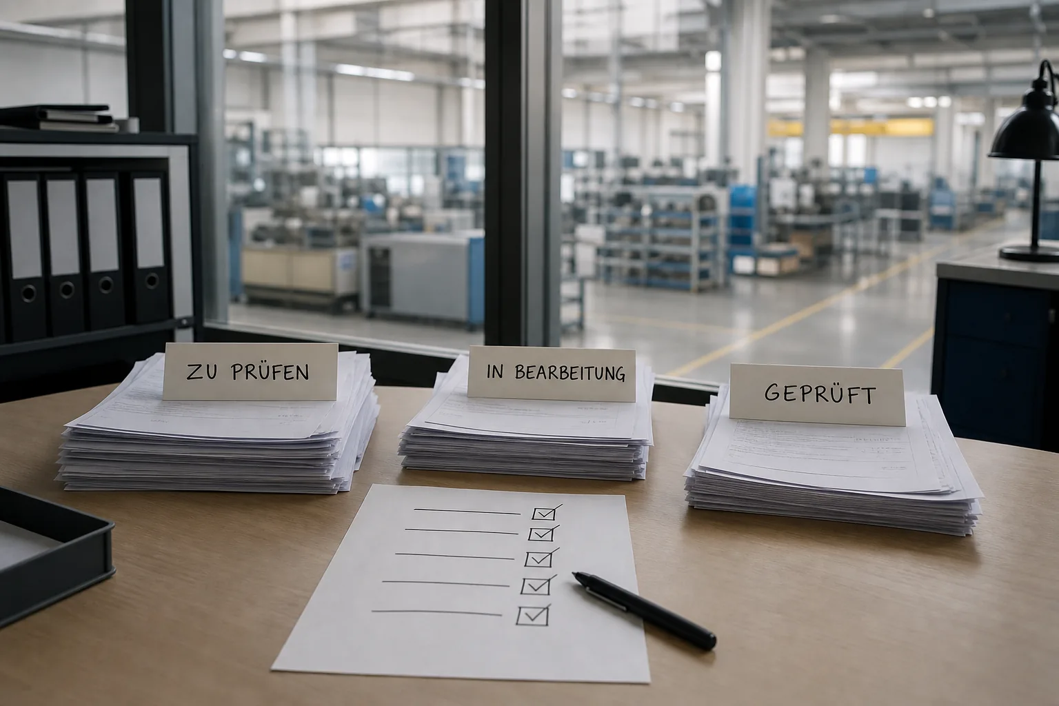 Büro mit Blick in eine Werkhalle im Hintergrund, im Vordergrund ein Tisch mit drei beschrifteten Papierstapeln und einer handgezeichneten Prüfliste mit Häkchen