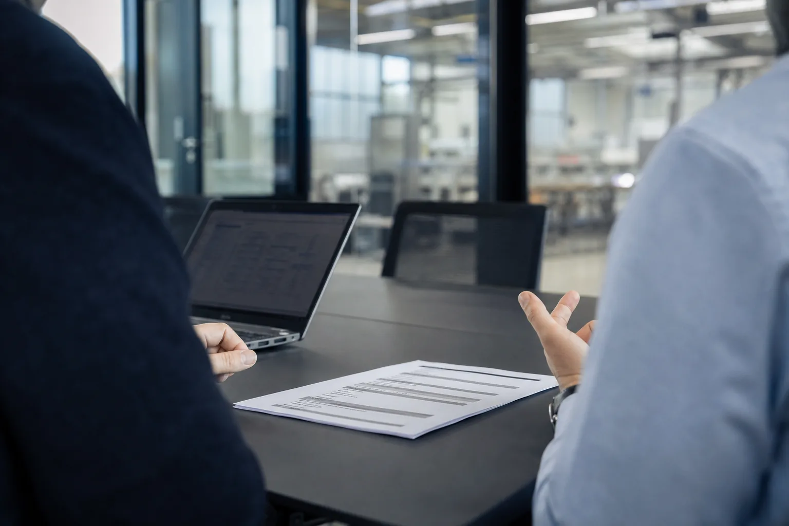 Konferenzraum eines Mittelständlers, auf dem Tisch ein ausgedrucktes Ablaufprotokoll mit Zeitstempeln neben einem Laptop, zwei Personen im Gespräch darüber