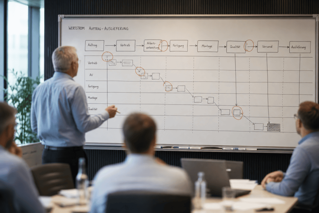 Wertstrom-Diagnose am Whiteboard: Engpässe vom Auftrag bis zur Auslieferung