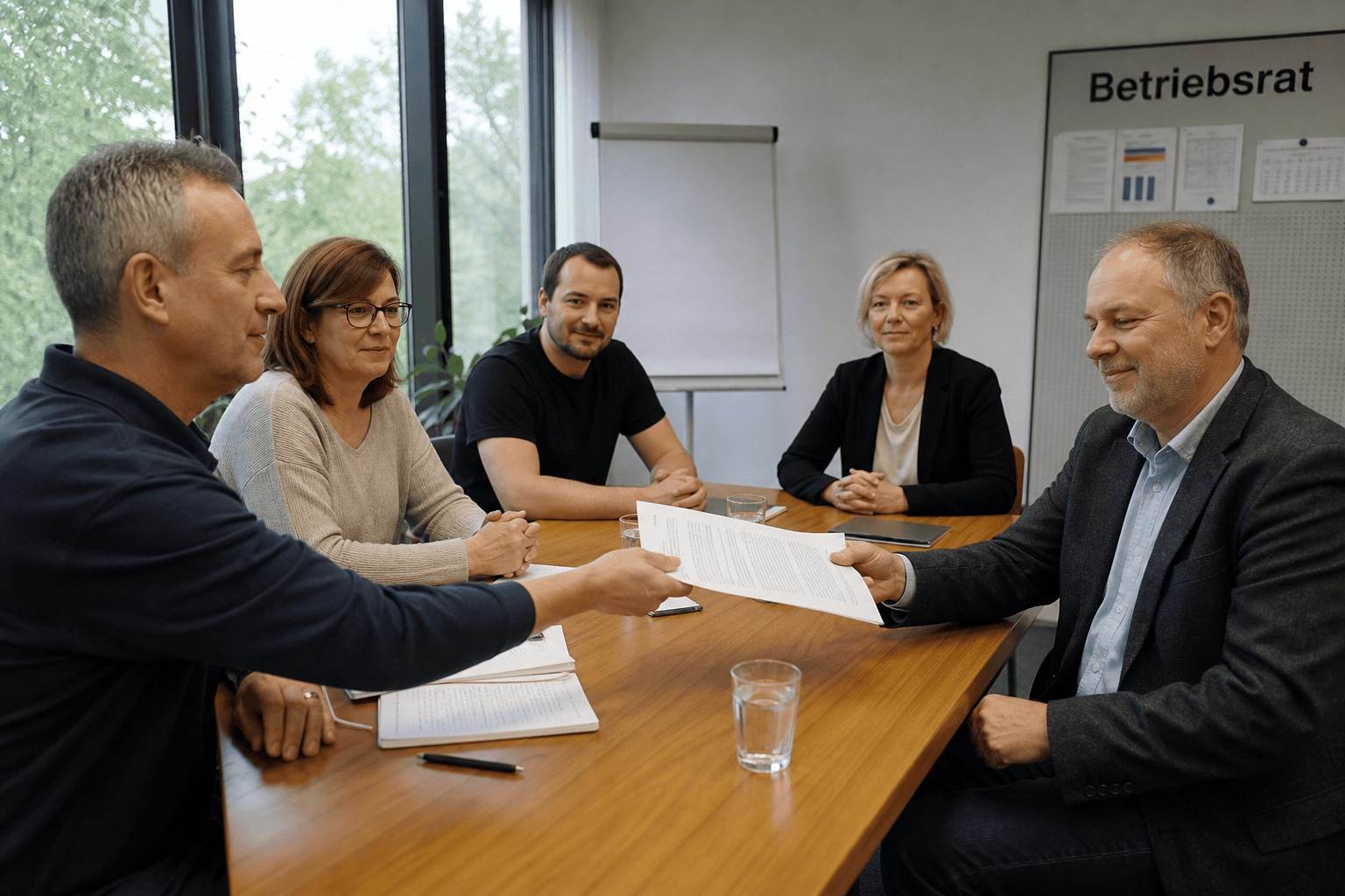 Betriebsrat und Geschäftsleitung übergeben die schriftliche Vereinbarung zur Analyse
