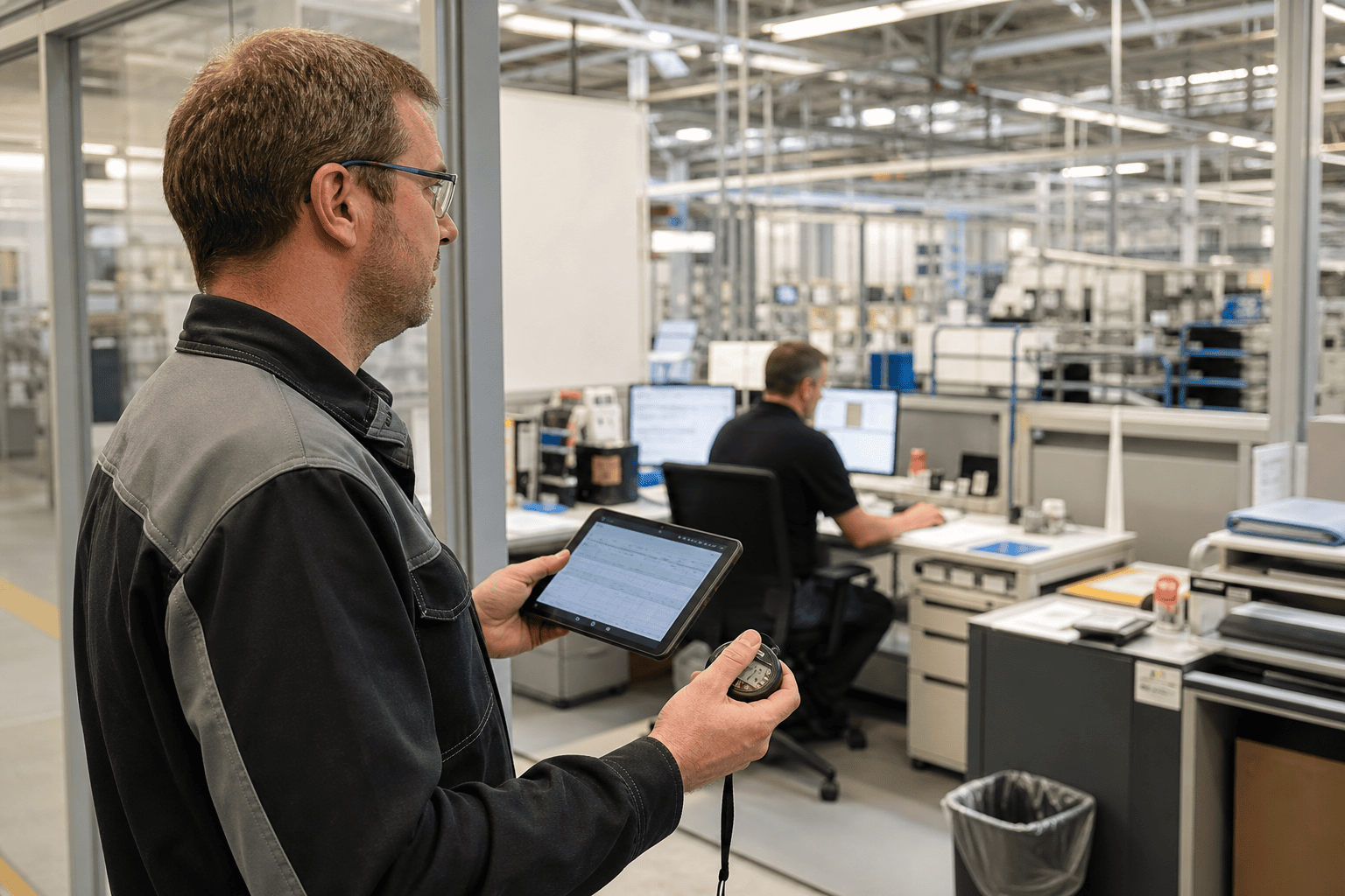 Prozessingenieur erhebt die Ausgangslage mit Tablet und Stoppuhr im Betrieb