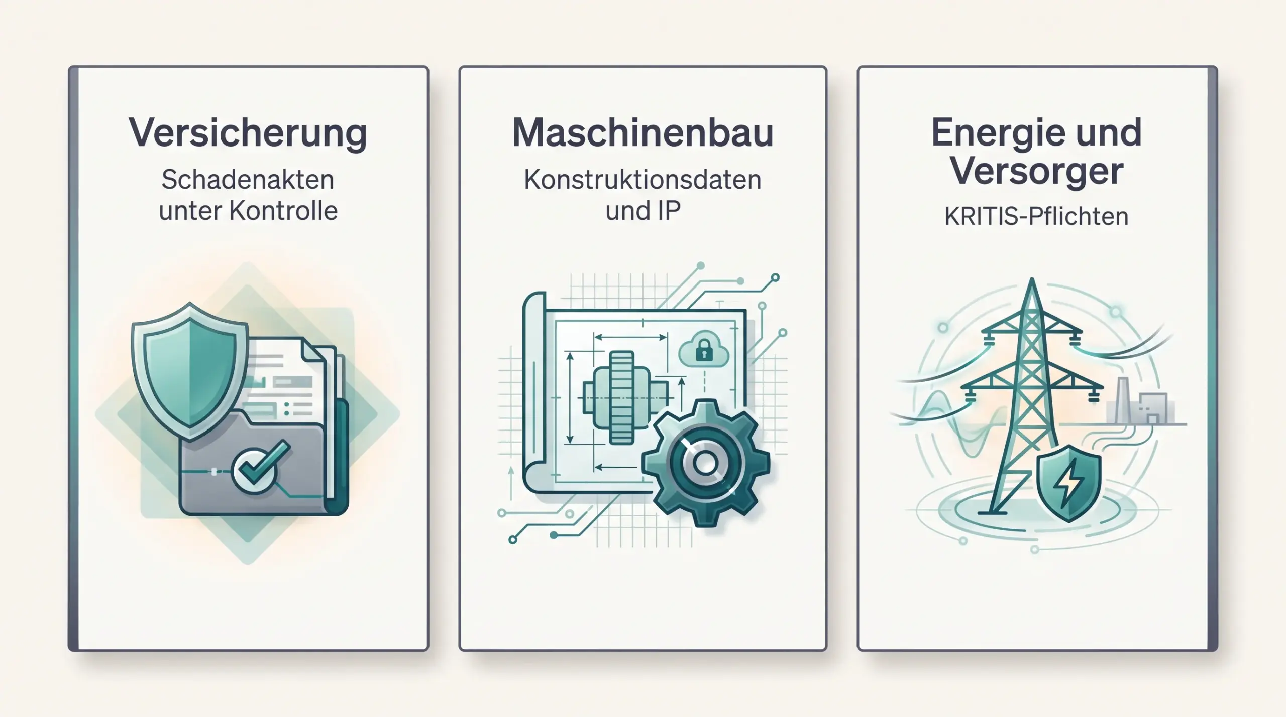 Infografik mit drei Branchen: Versicherung mit Schadenakten, Maschinenbau mit Konstruktionsdaten sowie Energie und Versorger mit KRITIS-Pflichten