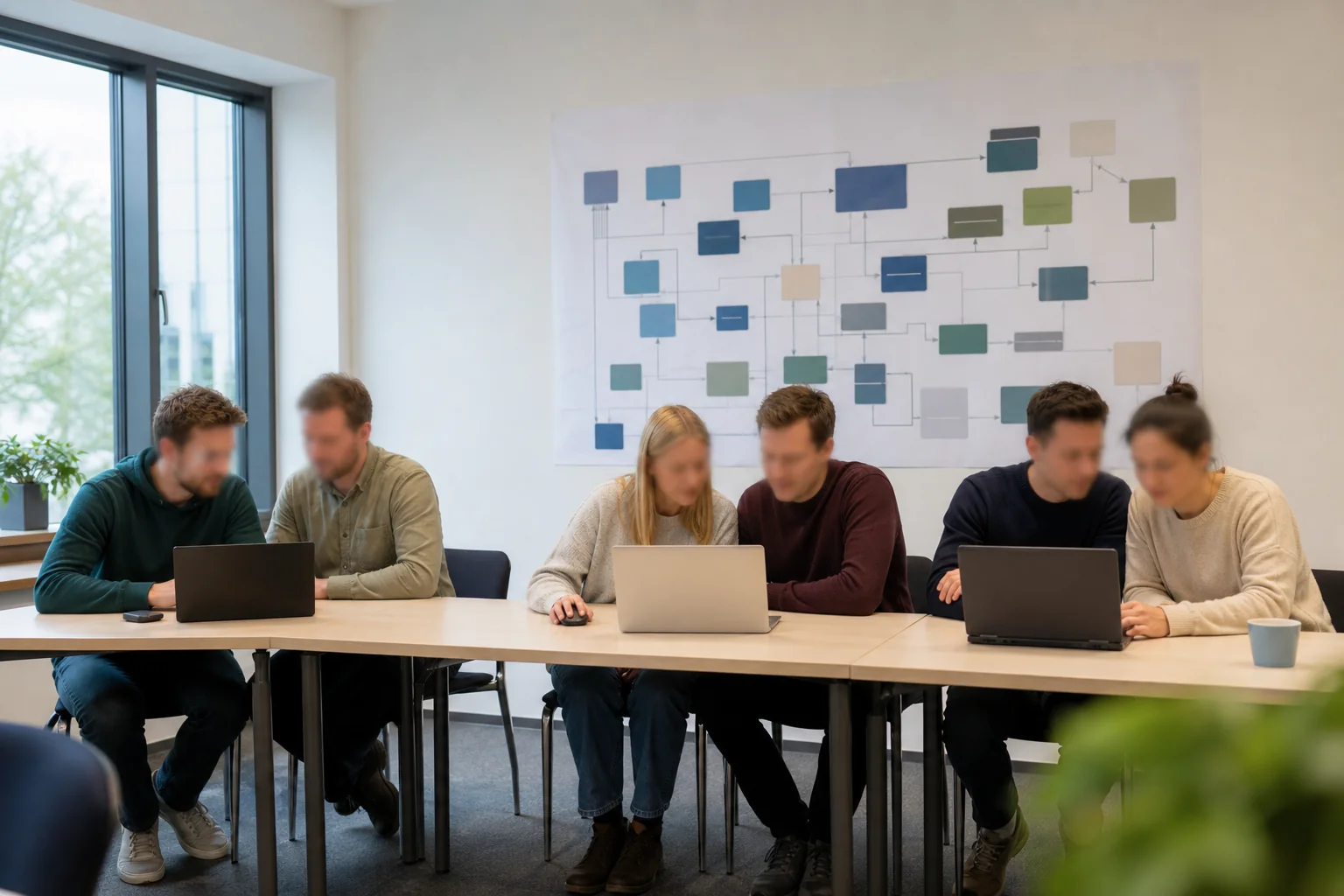 Fotografie einer Schulungssituation: externe Entwickler und internes Team eines Zulieferers gemeinsam an Arbeitsplätzen, an der Wand eine Architekturübersicht des Systems