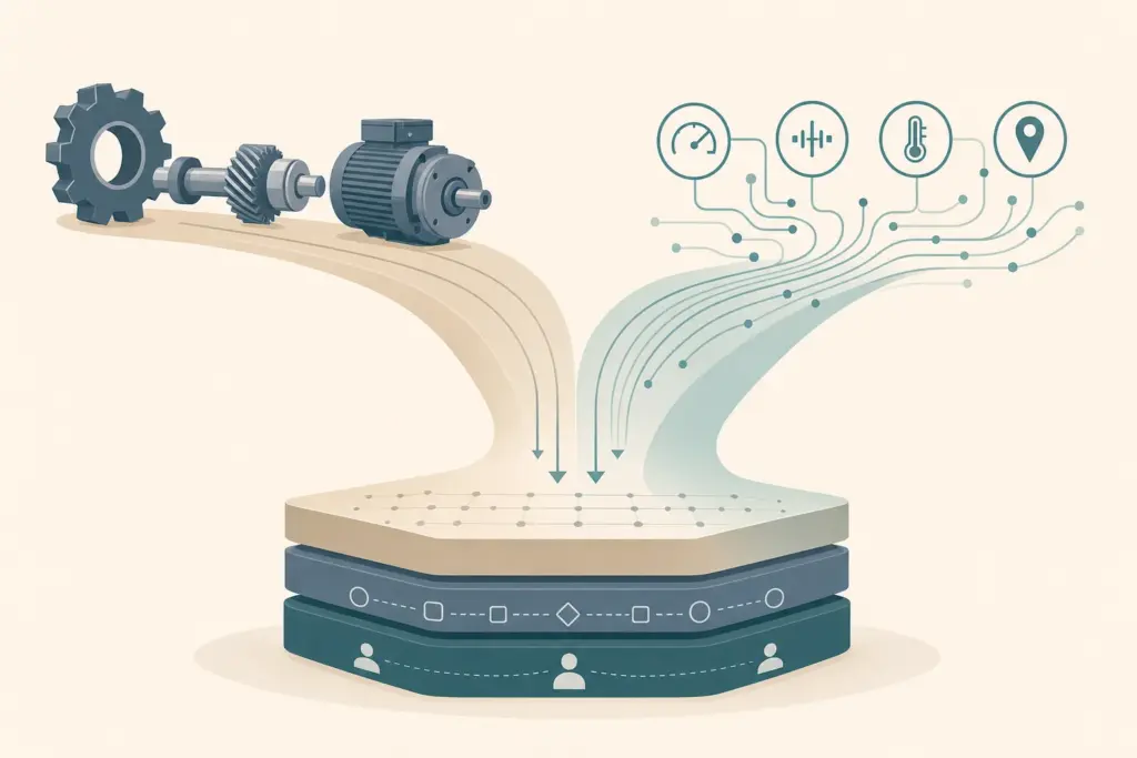 Infografik: zwei Transformationspfade eines Zulieferers, Antriebswende und KI-Transformation, die auf dieselbe Grundlage aus Daten, Prozessen und Verantwortung zulaufen