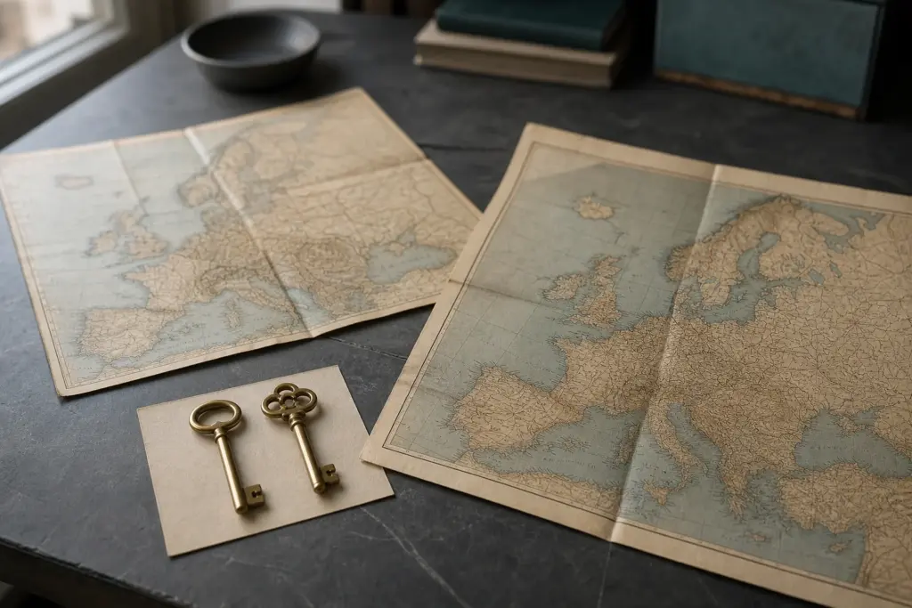 Zwei historische Europakarten und zwei Messingschlüssel auf einem Schreibtisch als Sinnbild für Standort und Zugriff bei KI-Daten