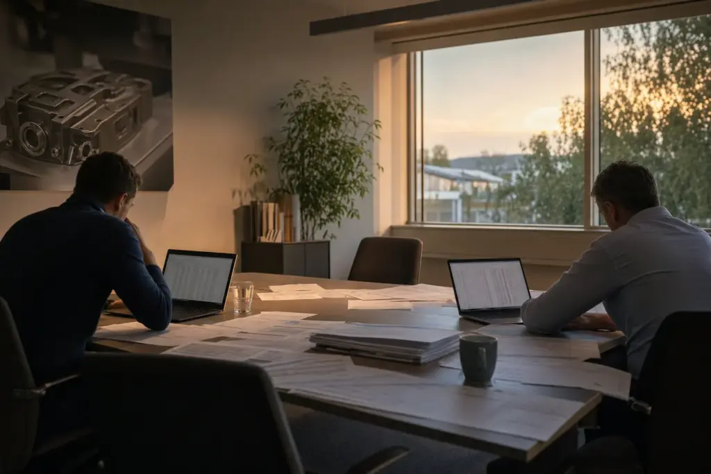 Besprechungsraum eines Zulieferers mit Kalkulationsunterlagen, Stücklisten und zwei Laptops am Vorabend einer Preisverhandlung