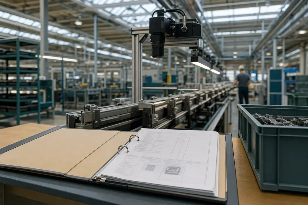 Blick in eine Werkhalle eines Automobilzulieferers: eine Prüfstation mit Kamerasystem an der Linie, im Vordergrund ein aufgeschlagener Auditordner mit Prüfprotokollen.