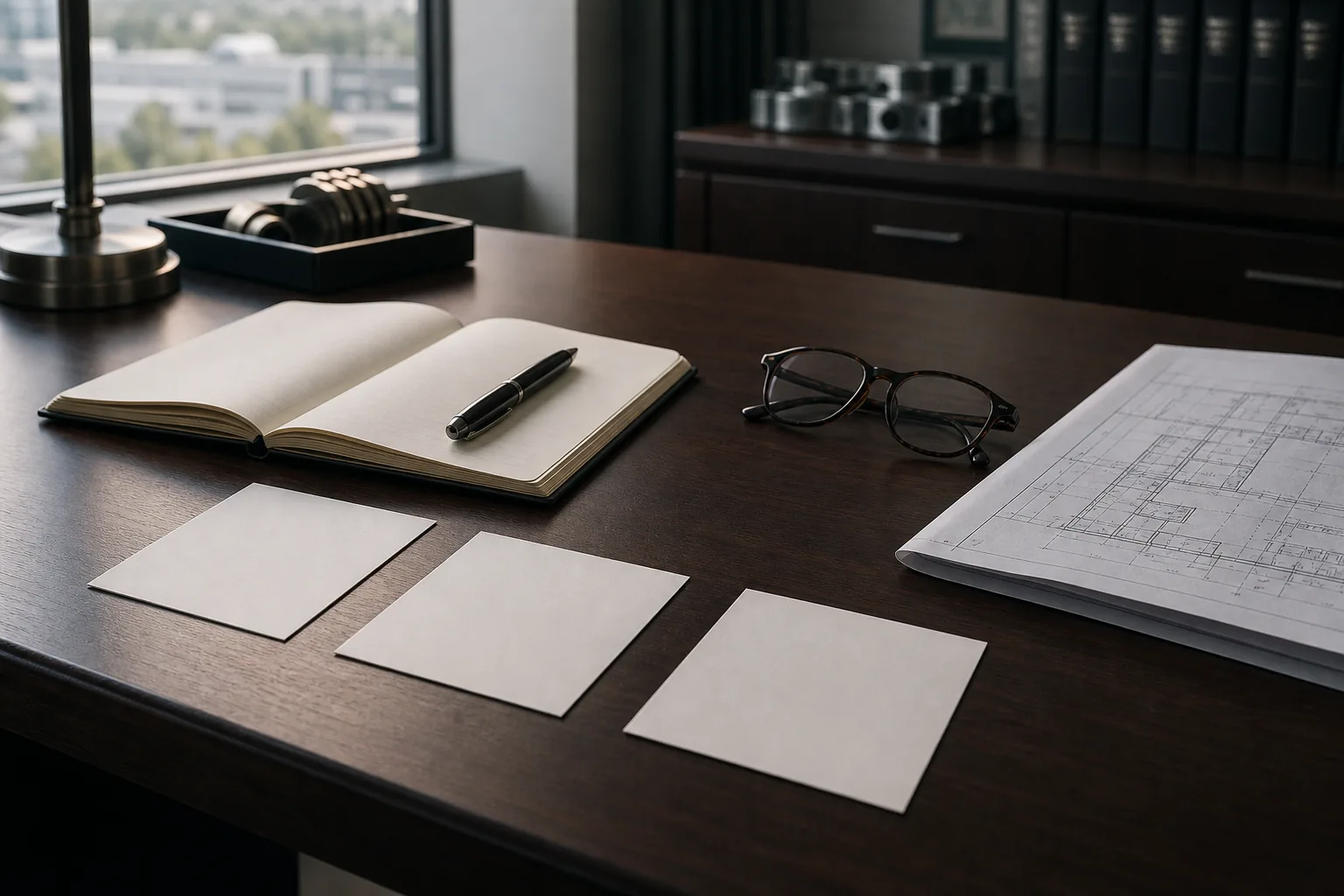Drei Notizkarten neben Notizbuch, Lesebrille und Werksplan auf einem Schreibtisch als Sinnbild für die drei Kriterien der Startpunkt-Wahl