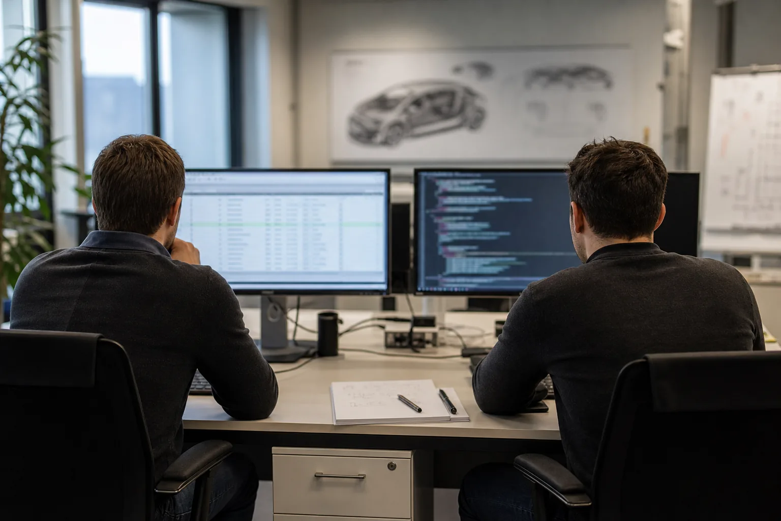 Zwei Entwicklungsingenieure von hinten an einem Doppelarbeitsplatz mit generischen Bildschirmansichten als Sinnbild für KI im Engineering