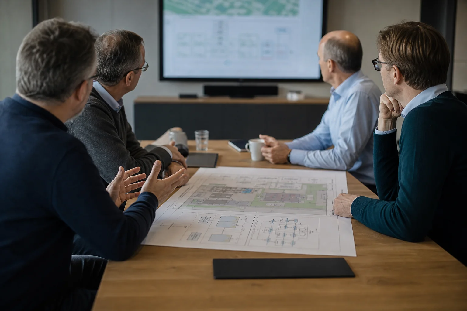 Zwei erfahrene Fachleute im Gespräch mit Geschäftsführung und IT-Leitung an einem Besprechungstisch, auf dem ein Werkslayout und ein Architekturdiagramm liegen