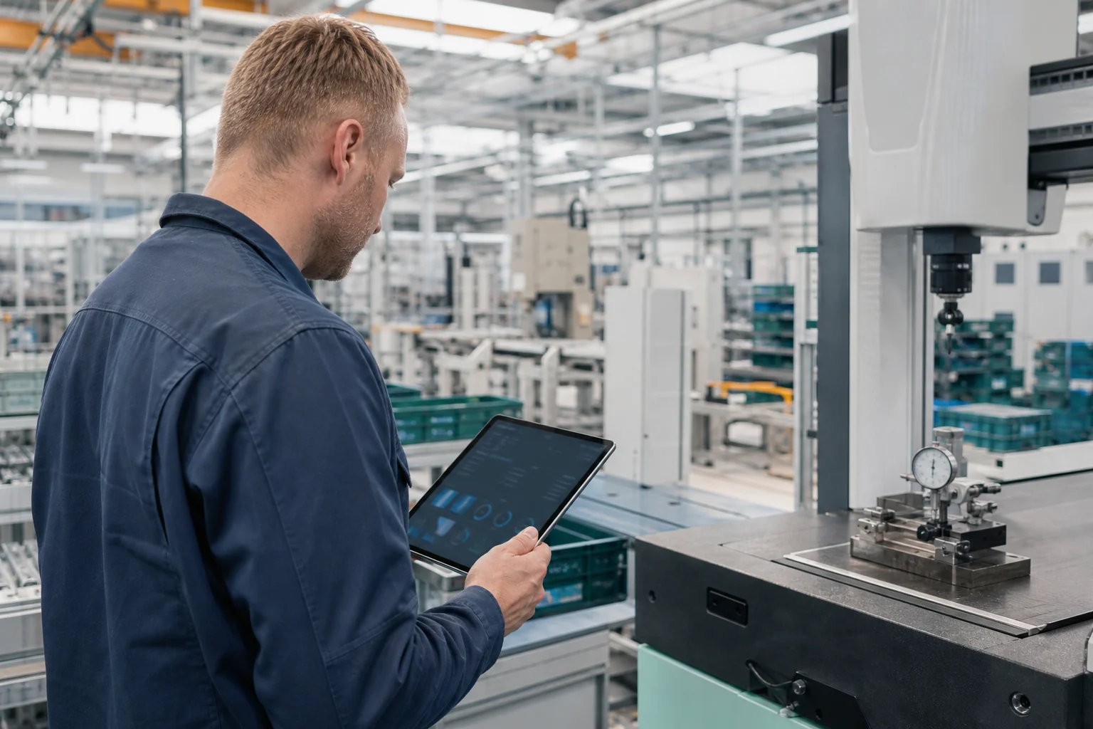 Instandhalter mit Tablet an einer Fertigungslinie eines Zulieferwerks, im Hintergrund eine Prüfstation mit Messmitteln