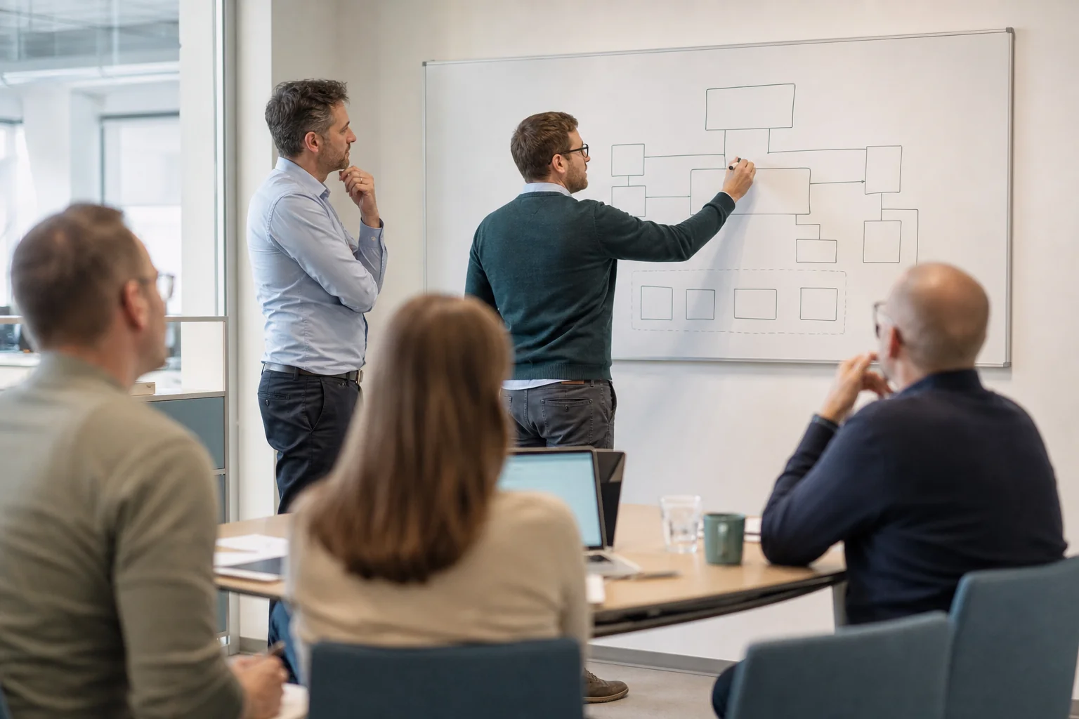 Schulungssituation am Standort eines Zulieferers, internes Team und externe Fachleute arbeiten gemeinsam an einem Architekturdiagramm am Whiteboard