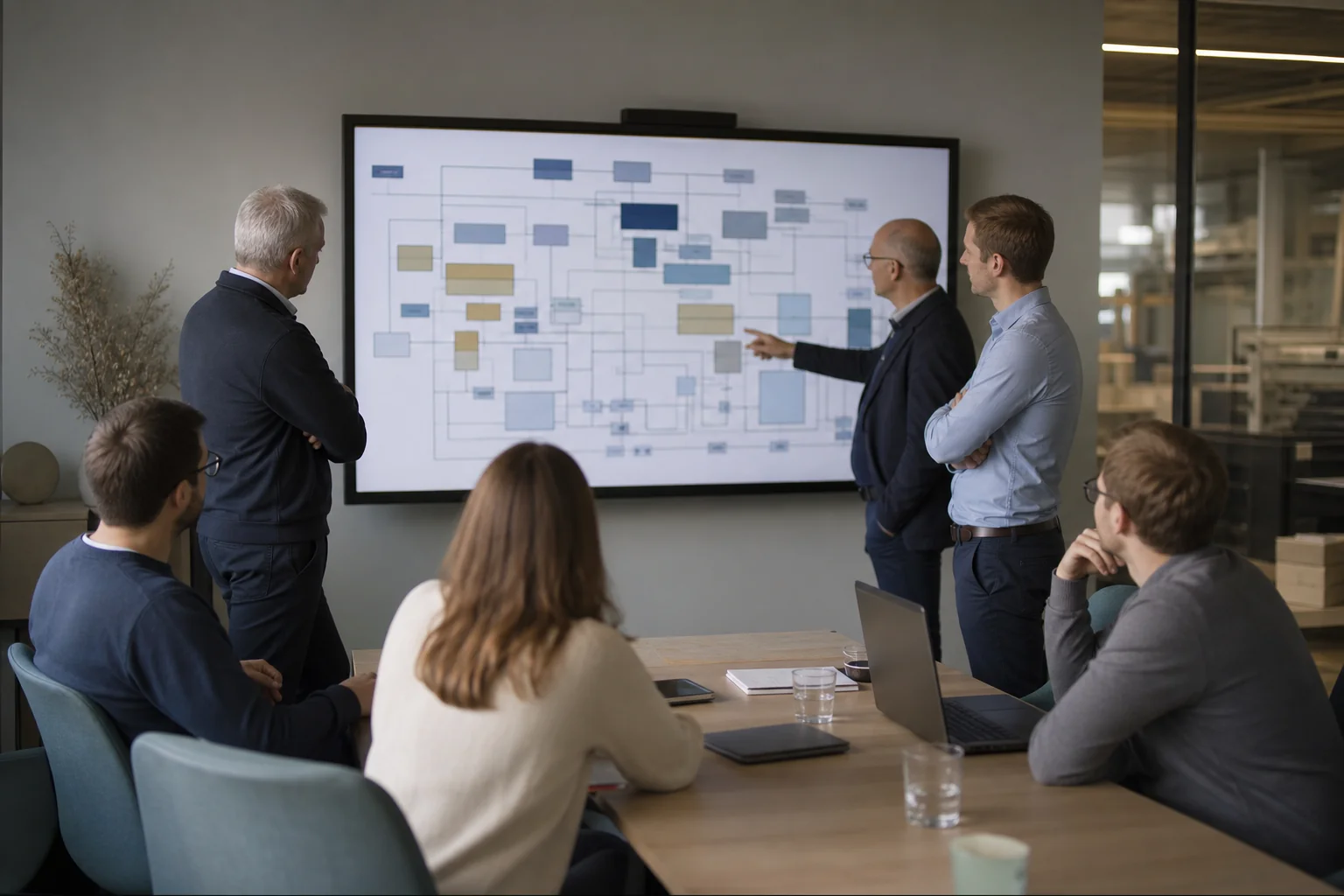 Besprechungssituation in einem mittelständischen Zulieferbetrieb: ein kleines Team aus internen Mitarbeitenden und zwei externen Fachleuten vor einem Architekturdiagramm auf einem großen Bildschirm.