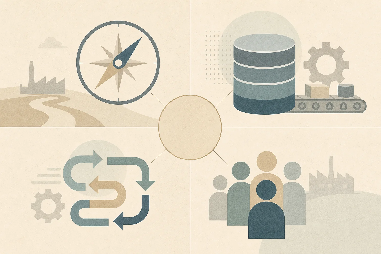 Infografik: vier Felder der KI-Transformation als Quadranten mit Strategie, Daten, Prozessen und Organisation, in der Mitte das laufende System als gemeinsames Ergebnis.
