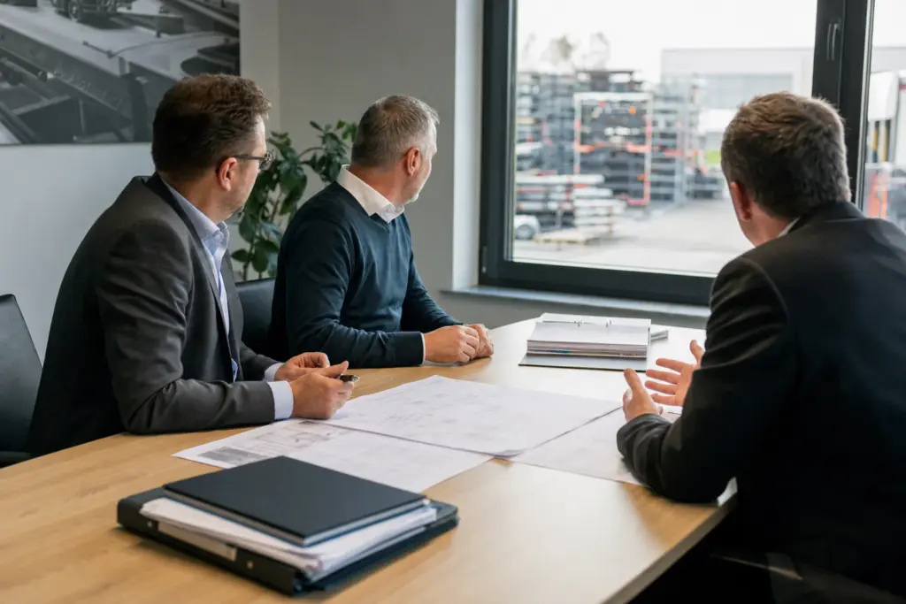 Fotografie eines Besprechungsraums in einem Zulieferbetrieb, Geschäftsführung und IT-Leitung im Gespräch mit einem externen Partner, auf dem Tisch technische Unterlagen und ein Auditplan