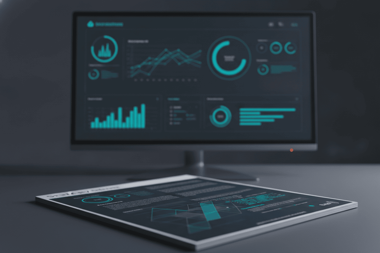 Strategiedokument auf einem Schreibtisch, dahinter ein Monitor mit laufendem System-Dashboard
