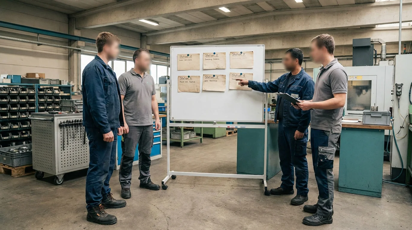 Team im Maschinenbau bespricht die sechs Stationen der KI-Einführung an einem Whiteboard in der Fertigungshalle