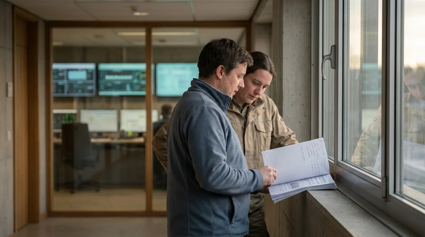 Teamleitung und Mitarbeiter besprechen am Flurfenster Arbeitsergebnisse mit Randnotizen als Belege