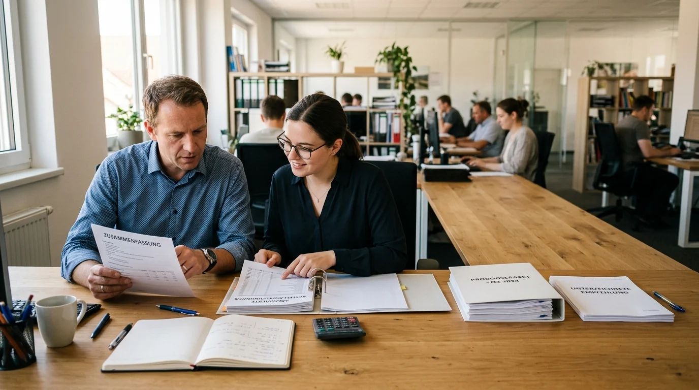 Controlling prüft im Büro eine Zusammenfassung anhand von Auftragsunterlagen; Prognose und Empfehlung liegen getrennt.