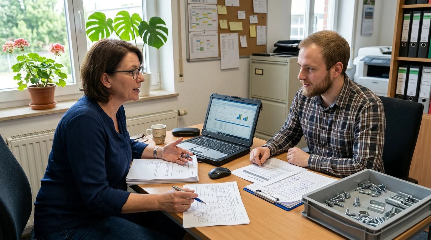 Fertigungsleitung und IT vergleichen in einem kleinen Büro eine frühere Analyse mit abgeschlossenen Unterlagen.