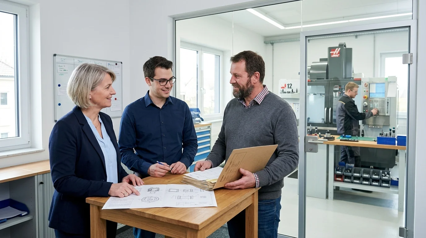 Geschäftsführung und IT klären mit der Fertigungsleitung in einem kleinen Büro, welche Baureihe Kapazität bindet.