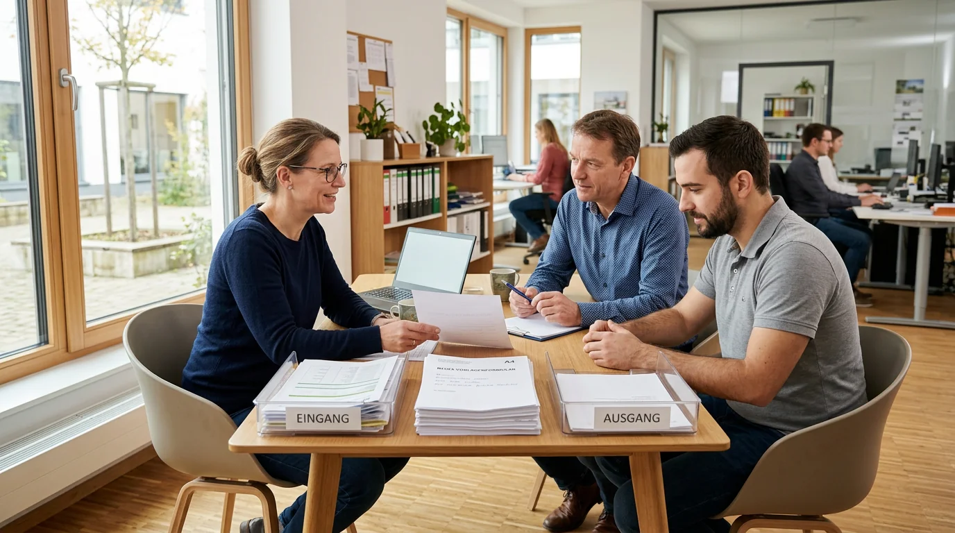 Fachbereich, IT-Betrieb und Anwendungsverantwortung prüfen im kleinen Büro einen neuen Wartungsbericht.