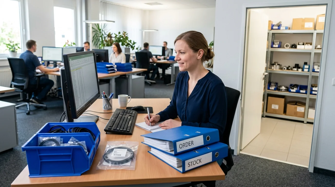 Ein Disponent vergleicht im kleinen Büro häufige Dichtungen mit einem seltenen Ersatzteil und dessen Lieferzeit.