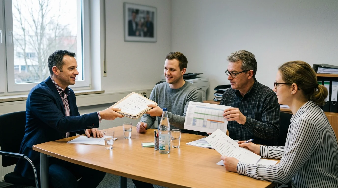 Geschäftsführung, Fertigung, Einkauf und IT prüfen in einem kleinen Besprechungszimmer den verbindlichen Plan.