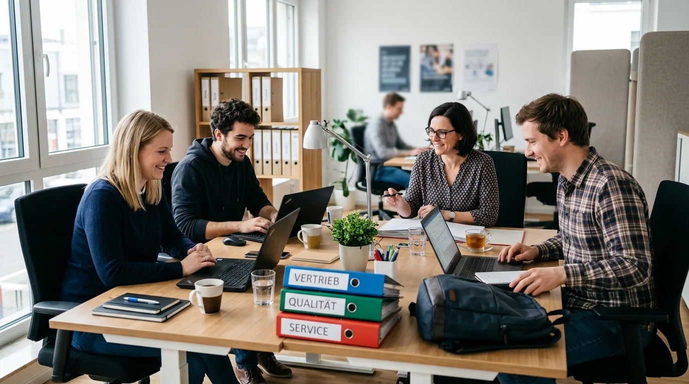 Vertrieb, Qualitätssicherung und Service sitzen mit getrennten Unterlagen am selben kleinen Bürotisch, die IT kommt hinzu.