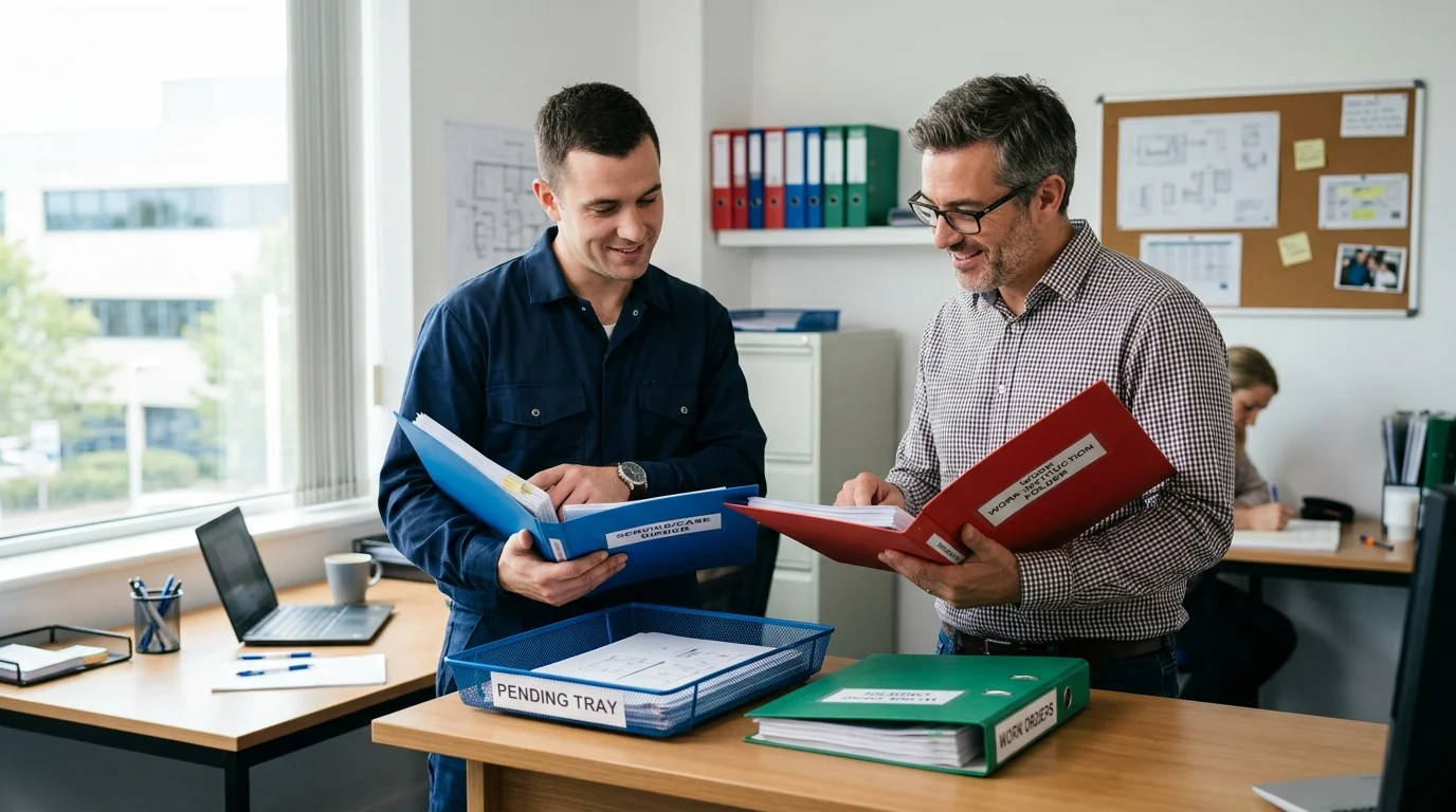 Service und Arbeitsvorbereitung prüfen in einem kleinen Büro einen früheren Fall; der Auftrag bleibt zurückgestellt.