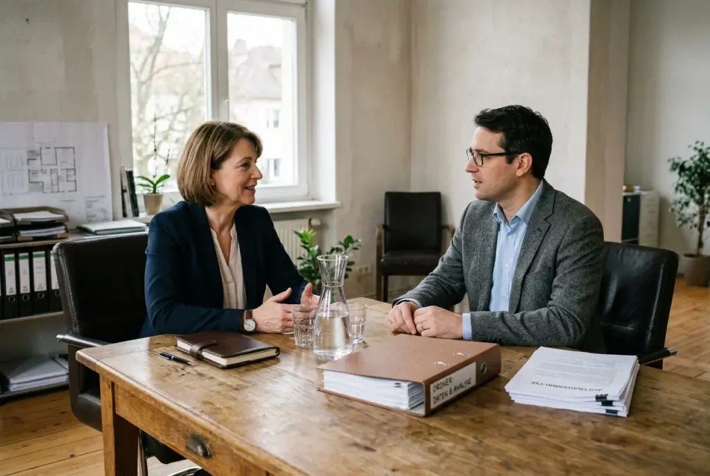 Geschäftsführung prüft in einem kleinen Büro Kapazitätsunterlagen und eine Auftragsanalyse.